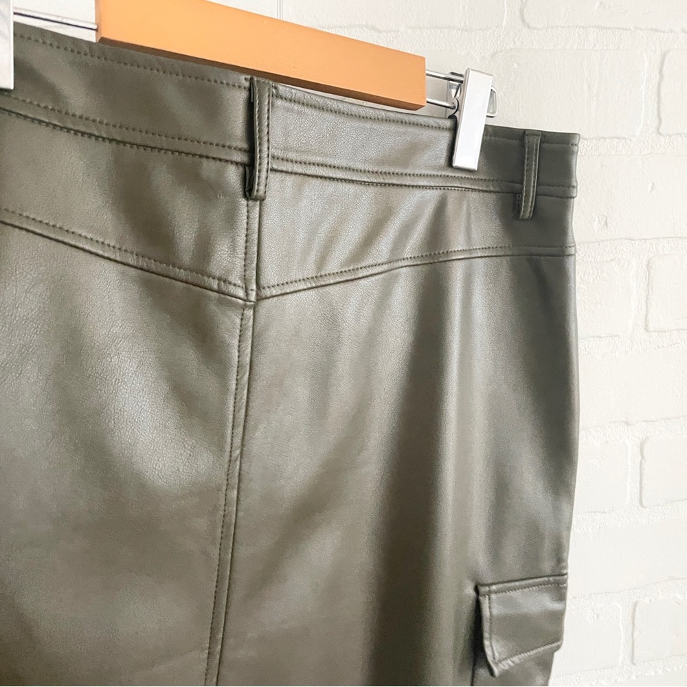 Y2K Vegan Leather Cargo Maxi Skirt Olive Khaki Utility Statement Sz L - Picture 13 of 16
